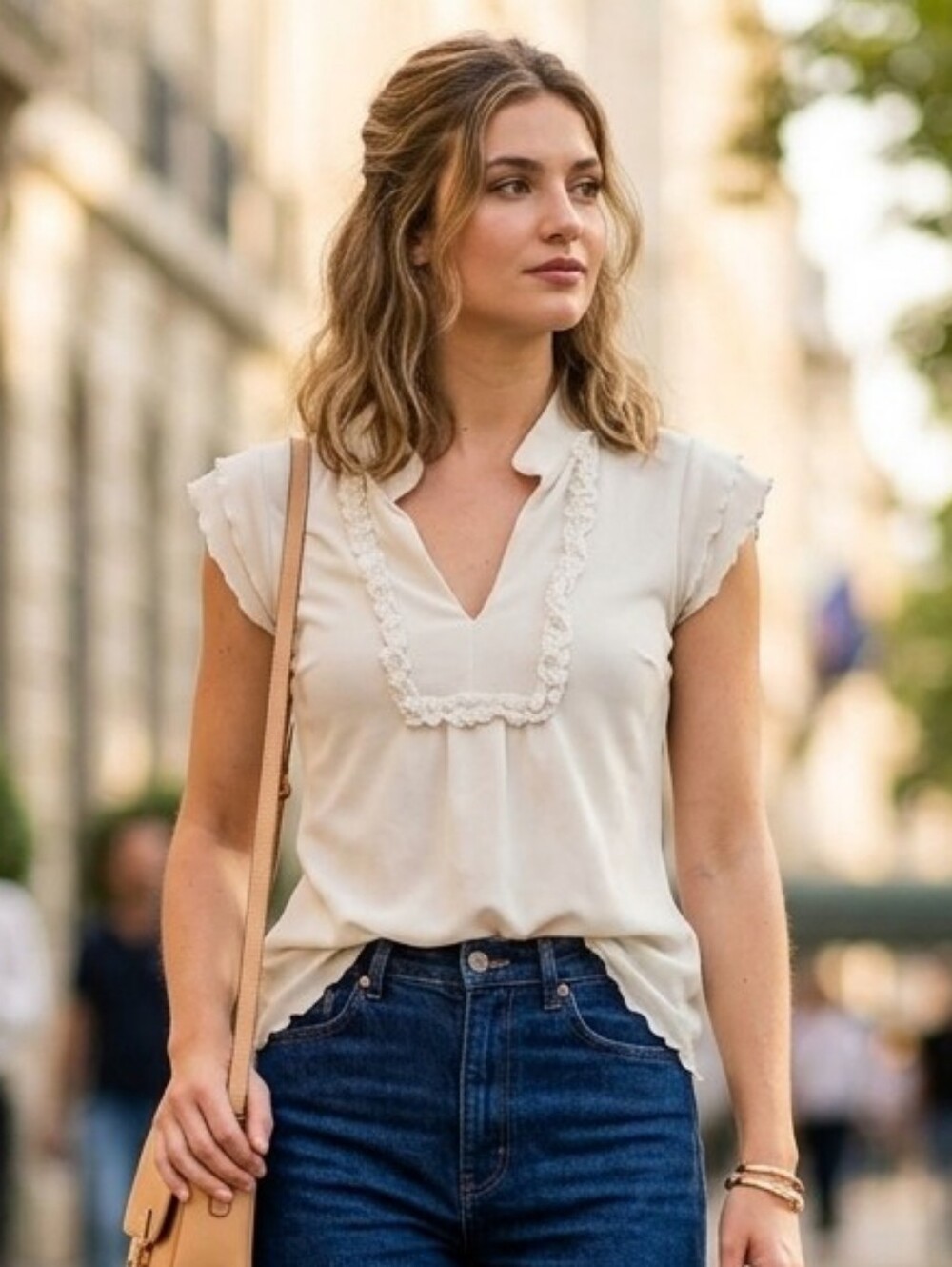 #1 Poet Sm Women’s Cream Ruffle-Trim Neckline P2p13 L23